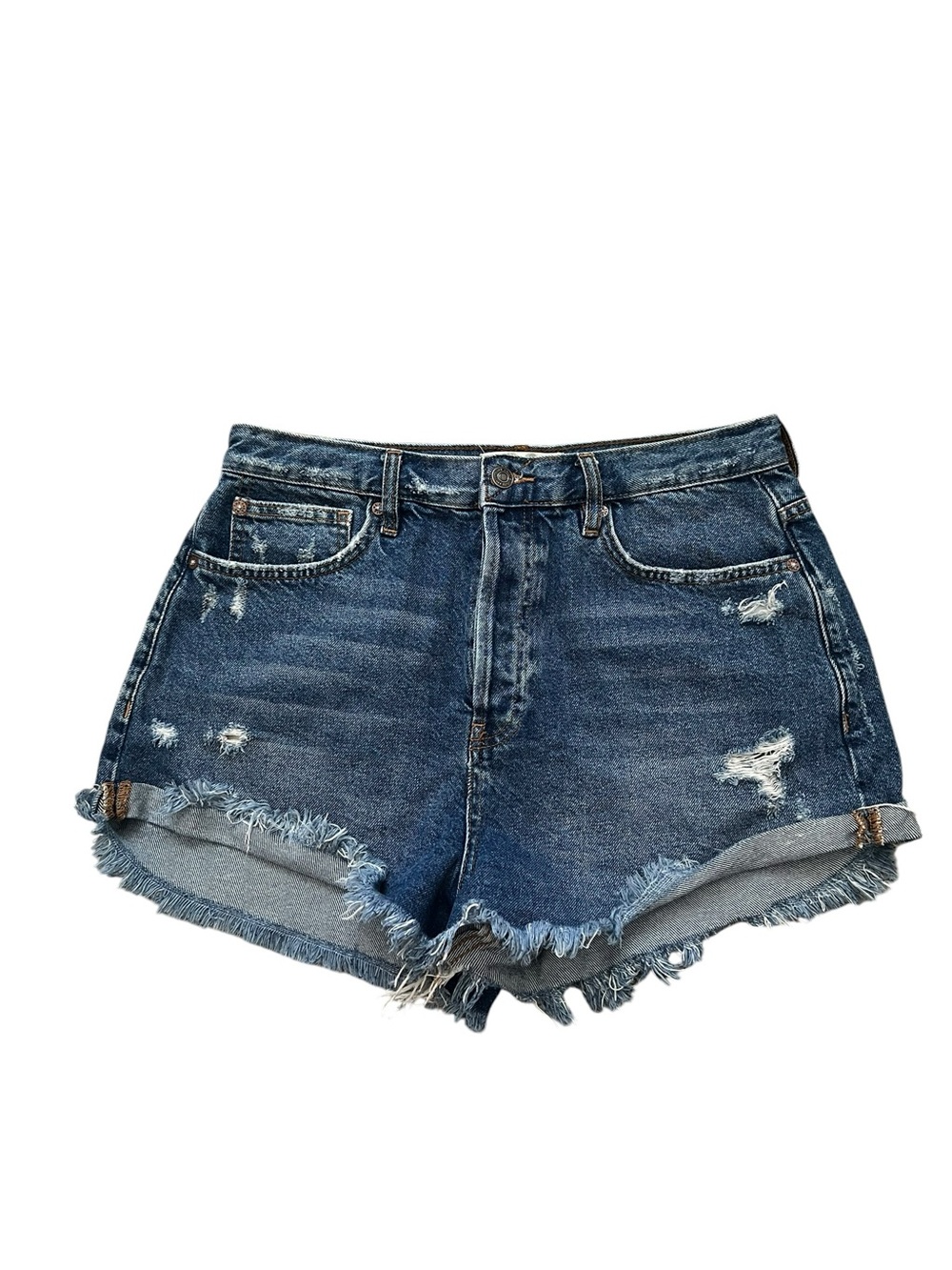 We The Free Distressed High-Rise Denim Shorts in Dark Blue Wash
